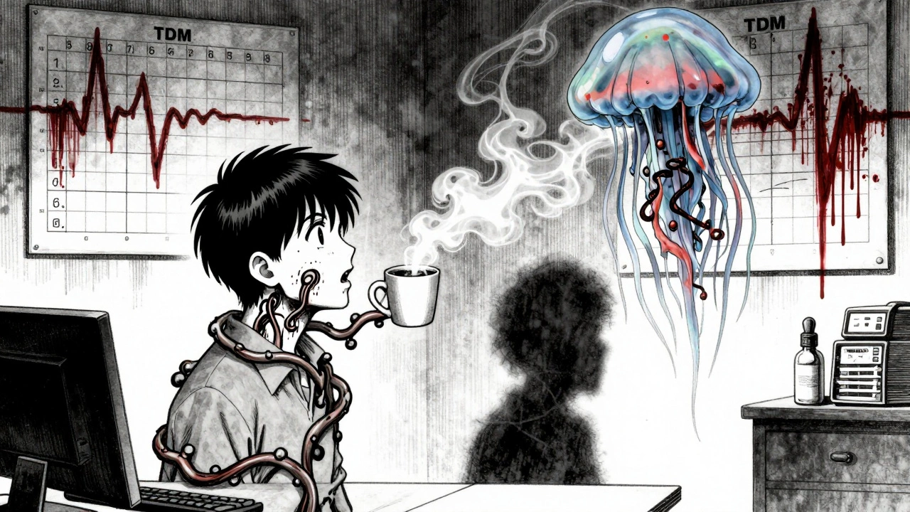 Psychiatre et patient dans un bureau où une tasse de café et un vapoteur se transforment en créatures vivantes qui étouffent le patient.