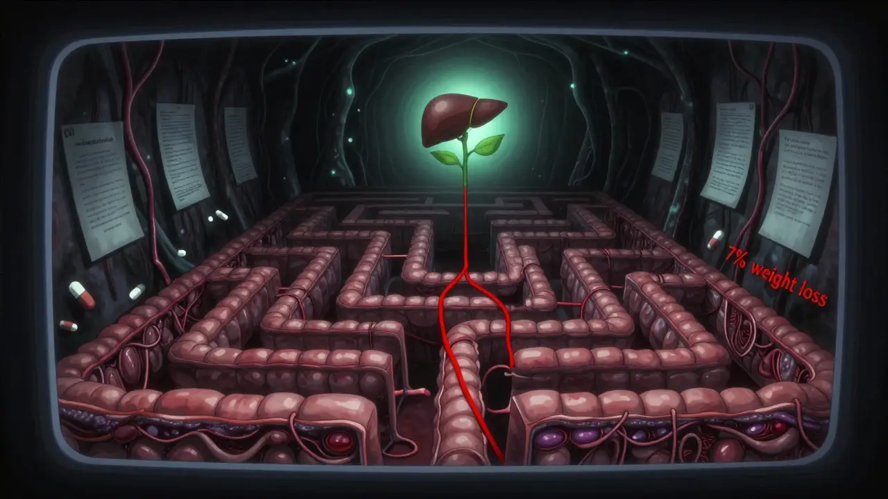 Scanner médical se transformant en labyrinthe de tissu cicatriciel, une voie lumineuse mène à un foie guéri, style manga d'horreur symbolique.