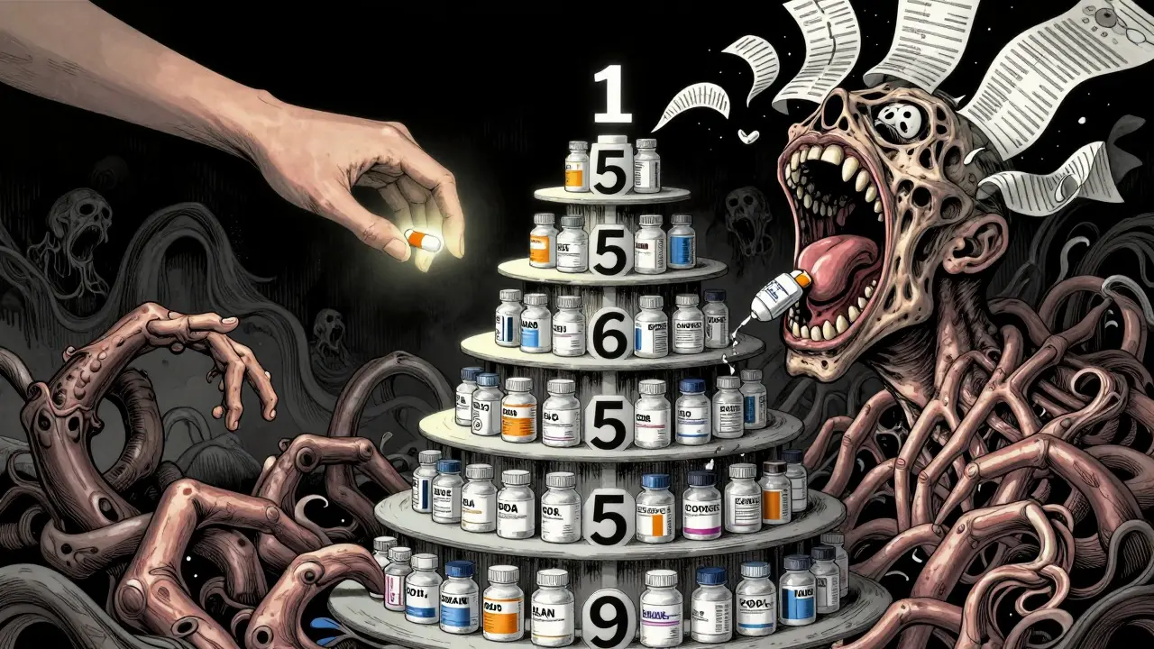 Schéma en spirale de niveaux de remboursement fait de membres humains et de logos pharmaceutiques.