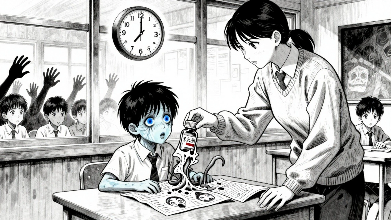 Un aide scolaire tente de donner un comprimé, mais l&#039;étiquette se transforme en tentacules, l&#039;enfant est translucide.