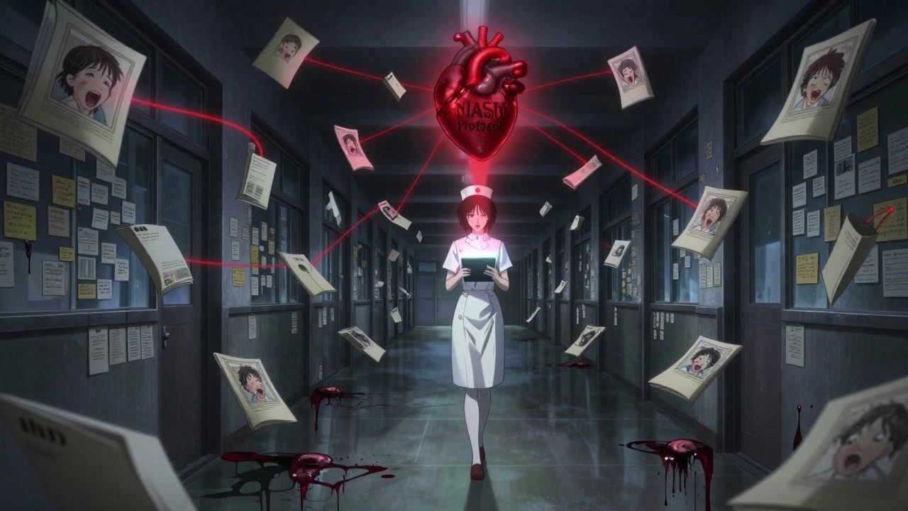 Un couloir scolaire infini avec des dossiers médicaux flottants, chaque dossier contenant un visage d&#039;enfant en détresse.