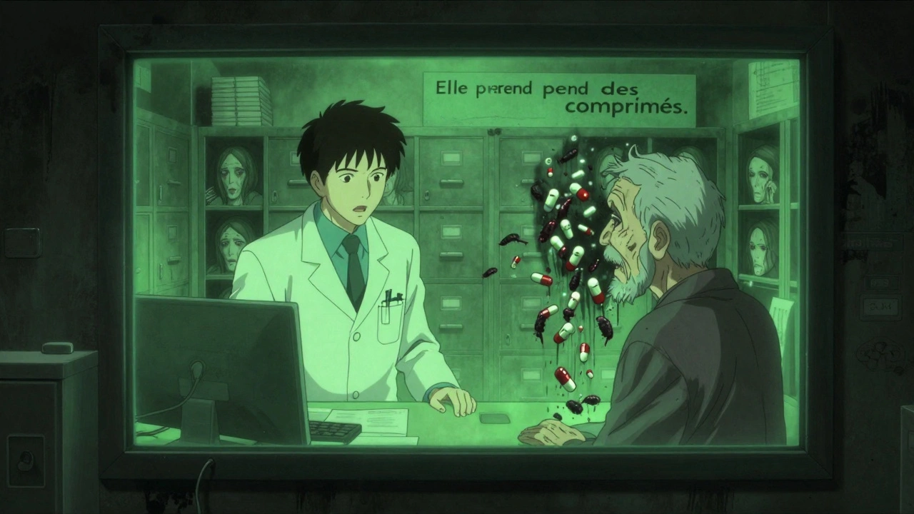 Un écran de télépharmacie montrant un pharmacien et un patient, leurs reflets se transformant en pilules en mouvement.