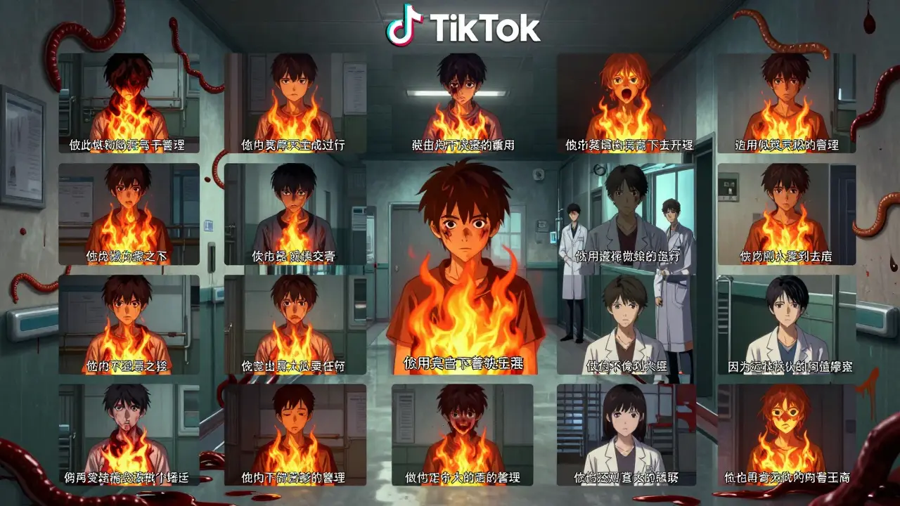 Un écran de TikTok où les vidéos de patients se déforment en cauchemars visuels, avec des sous-titres qui rampent comme des vers.