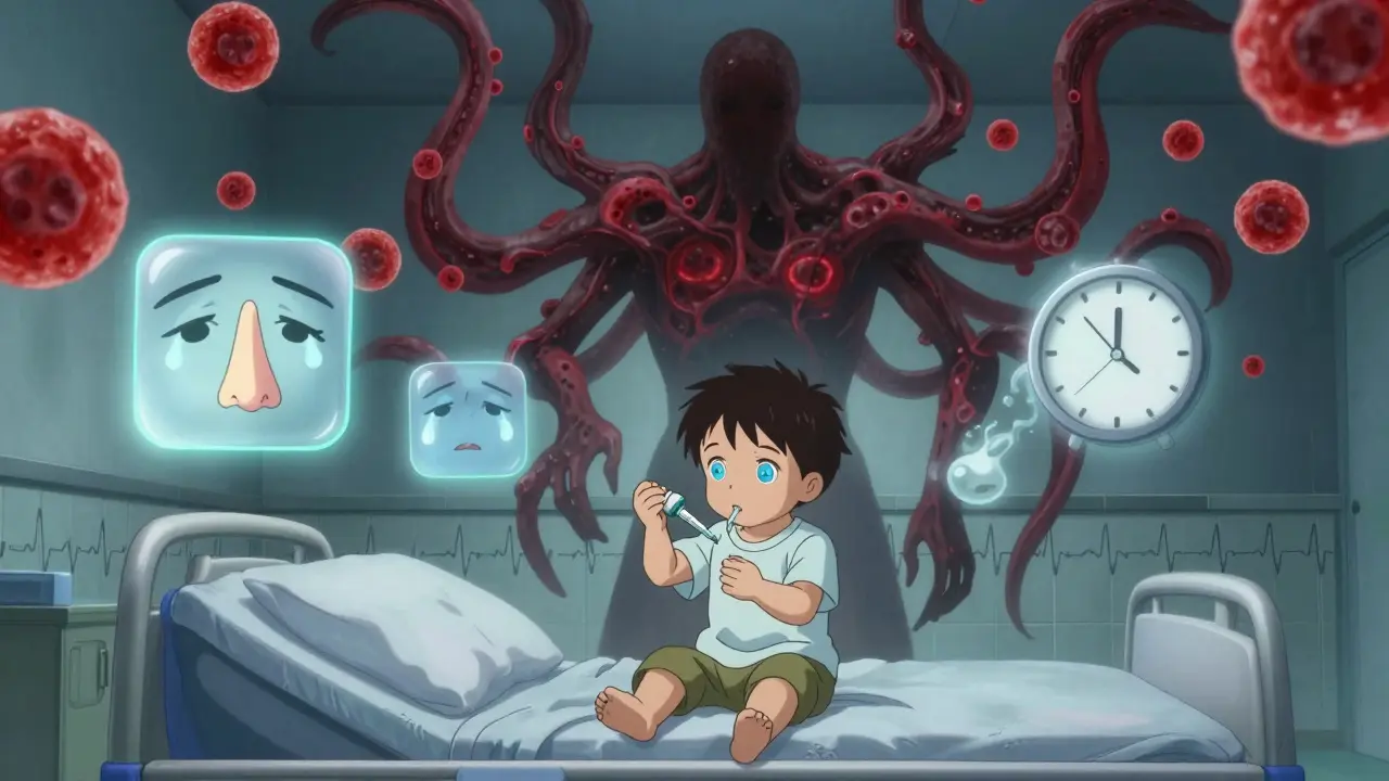 Un enfant de 1 à 2 ans prend un médicament contre les allergies, tandis qu'une créature sombre faite de cellules sanguines se dissout autour de lui.