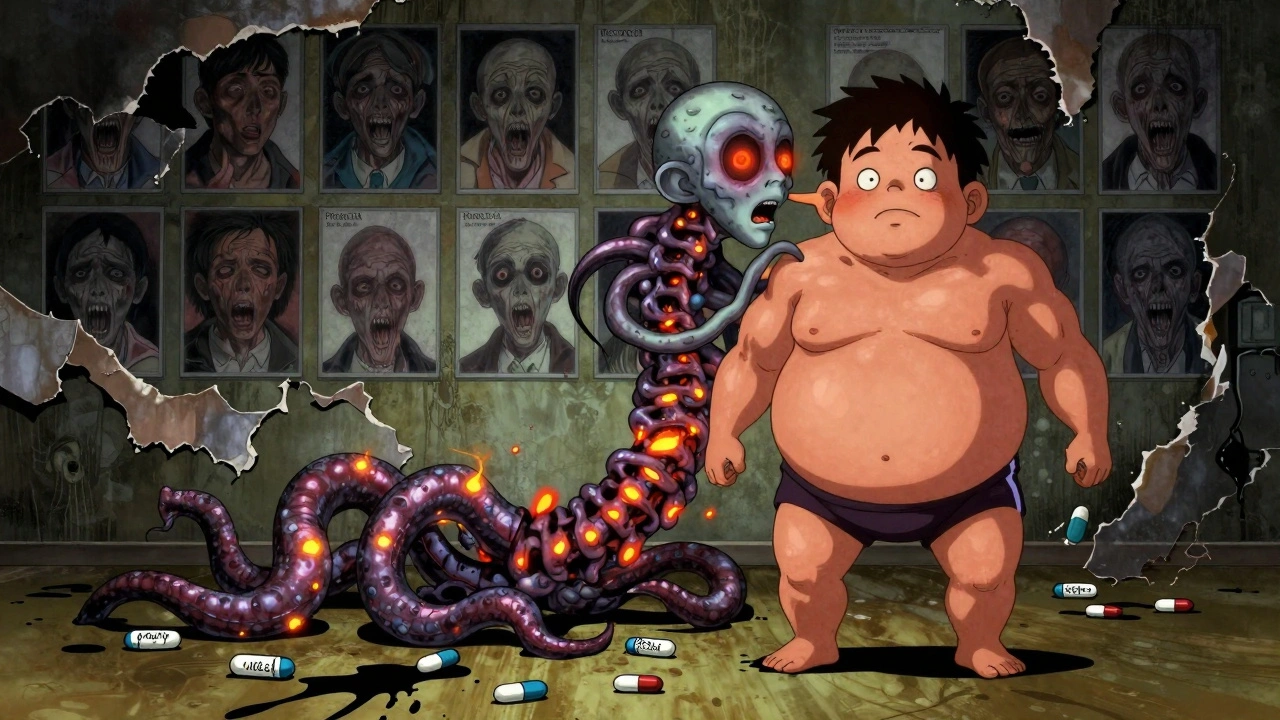 Un gène vivant à deux visages enroulé autour d&#039;une colonne vertébrale, influençant deux personnes selon leur état jeûne ou nourri.