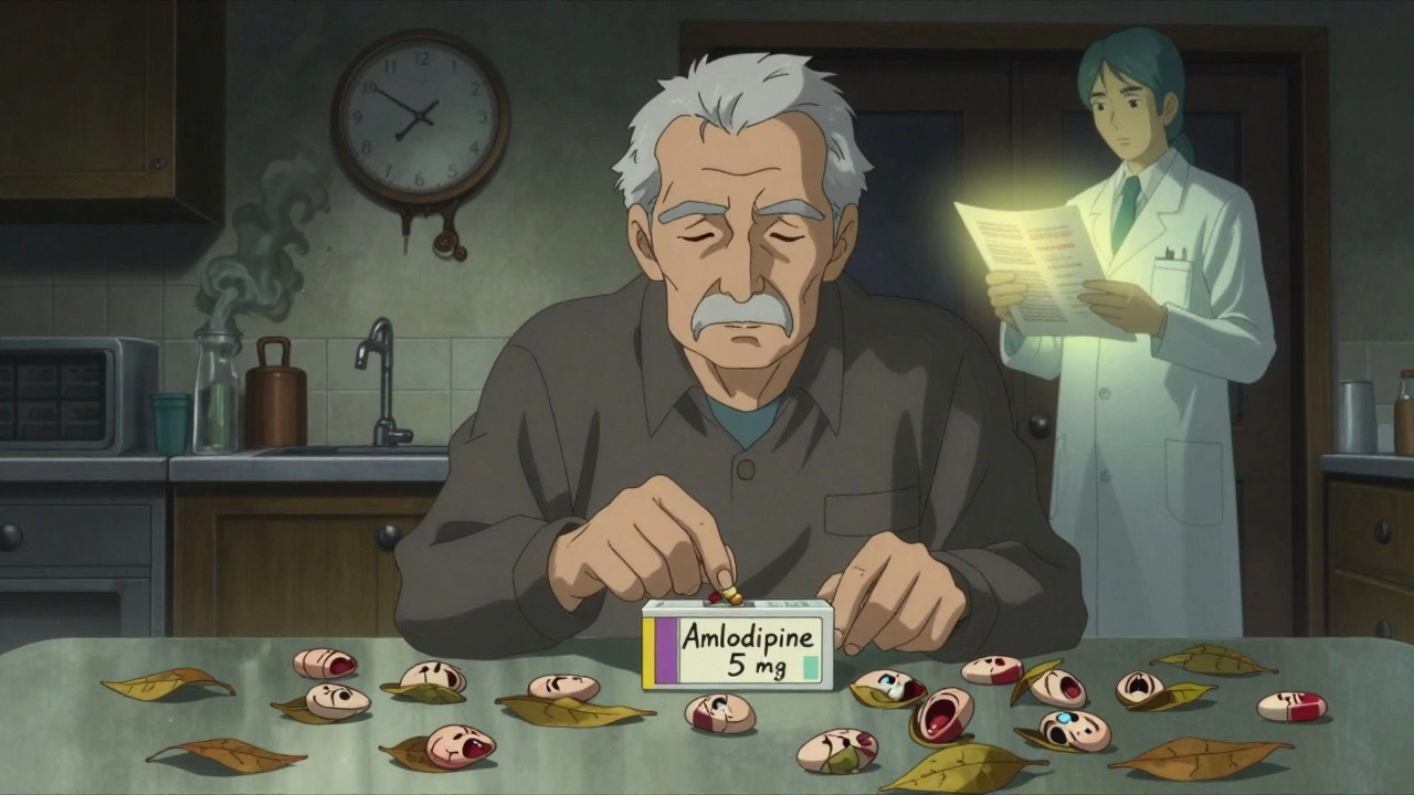 Un homme âgé hésite devant des pilules qui se transforment en visages, entouré d&#039;une boîte à comprimés avec une étiquette manuscrite.