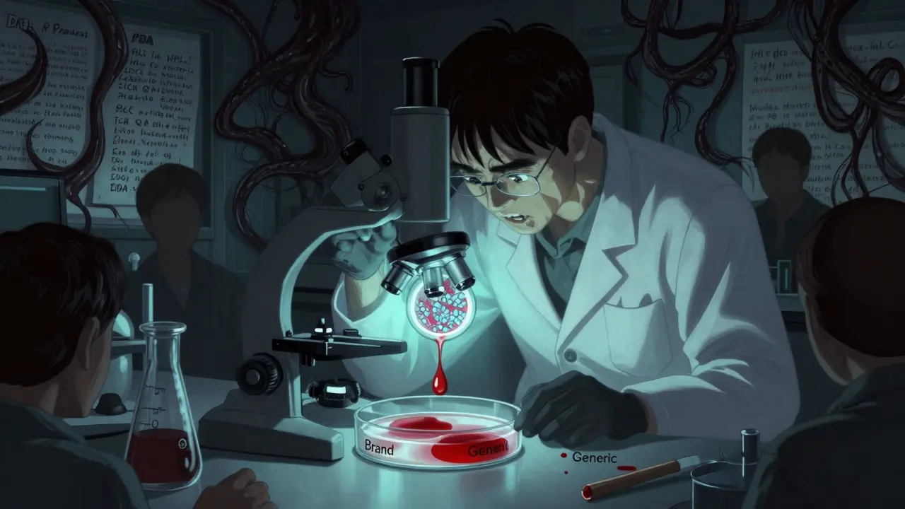 Un laboratoire où des scientifiques analysent un médicament sous un microscope, avec des textes réglementaires qui s'entortillent comme des tentacules.