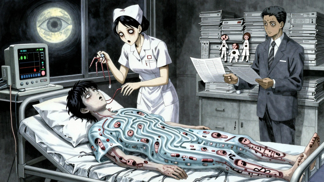 Un patient dont le corps révèle des pilules avec des visages hurlants, entouré d&#039;infirmières aux doigts trop longs.