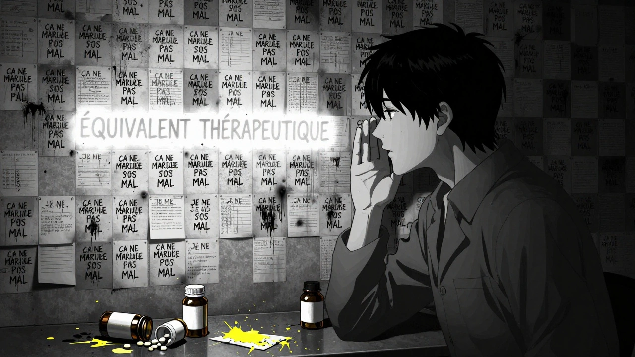 Un pharmacien parle à un patient tandis que le mur derrière eux est recouvert de notes criantes en noir, une seule phrase lumineuse tente de se faire entendre.