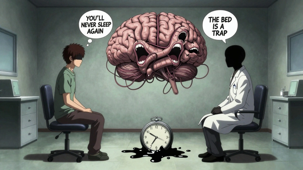 Un thérapeute et un patient face à face, entourés de pensées toxiques sous forme de bouches hurlantes et de cerveaux vivants.