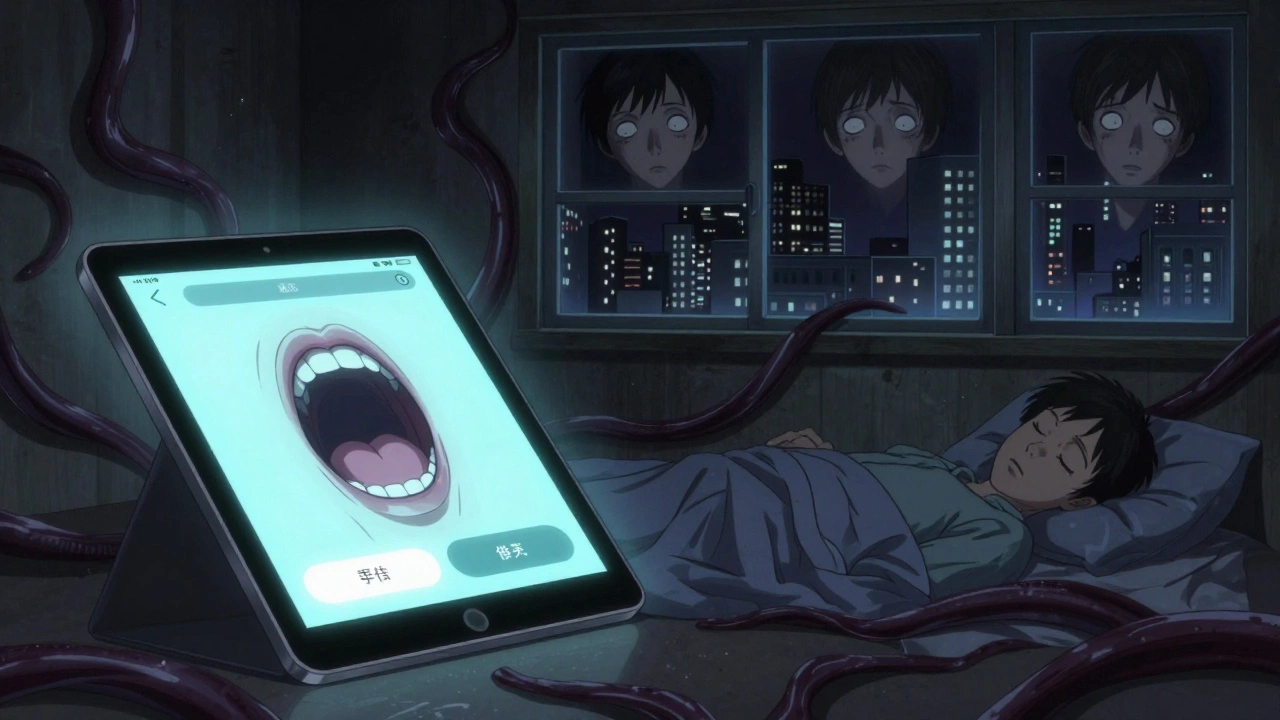 Une application de sommeil dont l&#039;écran est une bouche tentaculaire, tandis que des ombres de nuits infinies envahissent la chambre.