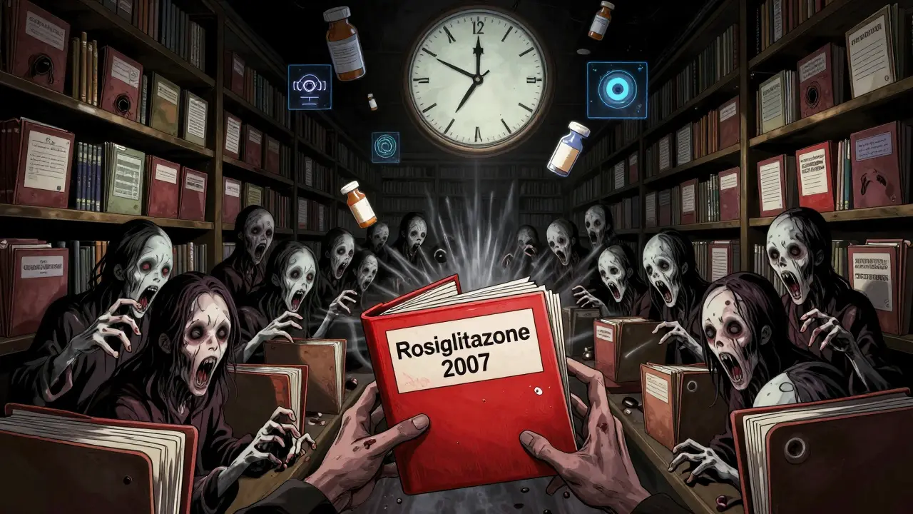 Une bibliothèque infinie de dossiers patients dont les dossiers émettent des visages hurlants, un dossier rouge explose au centre.