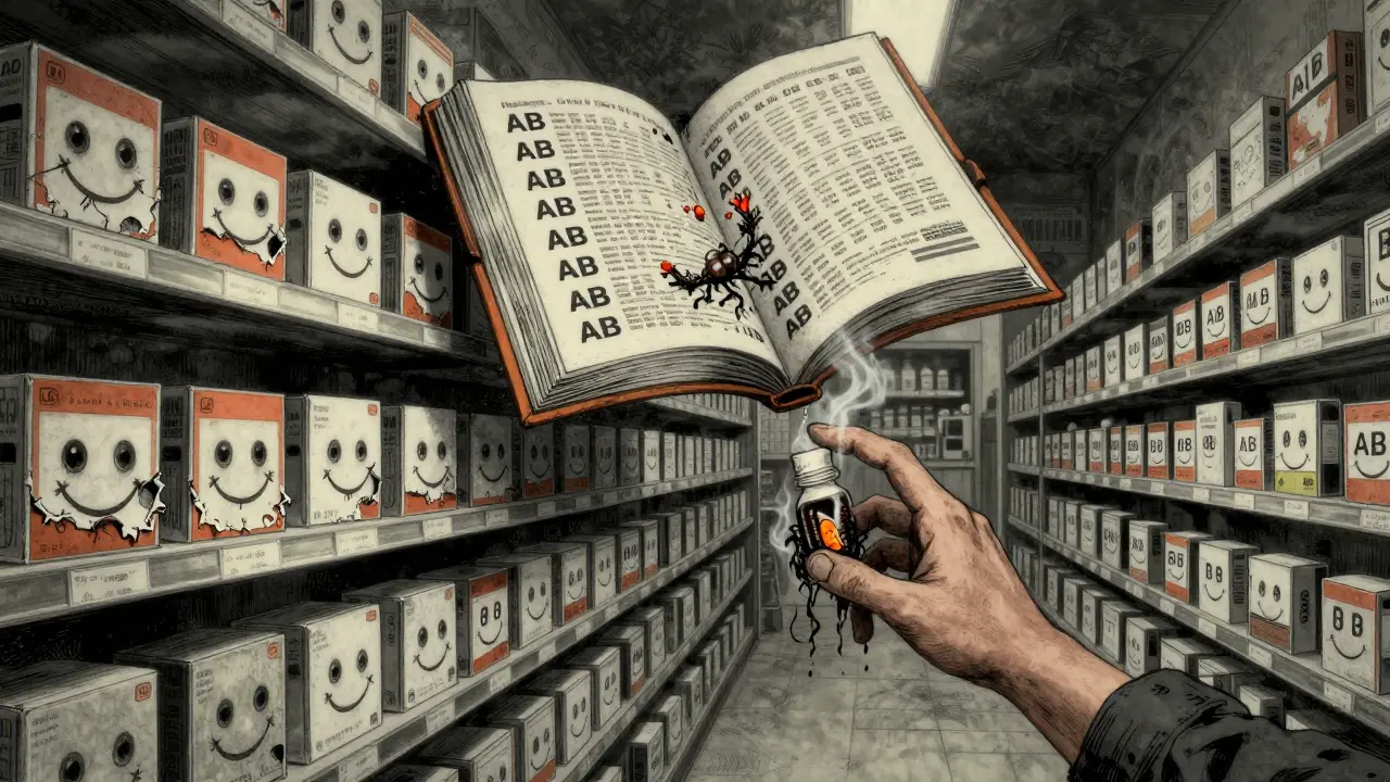 Une étagère de pharmacie infinie avec des boîtes de génériques dont les codes AB sourient de manière inquiétante, tandis qu'un livre flottant se déchire.