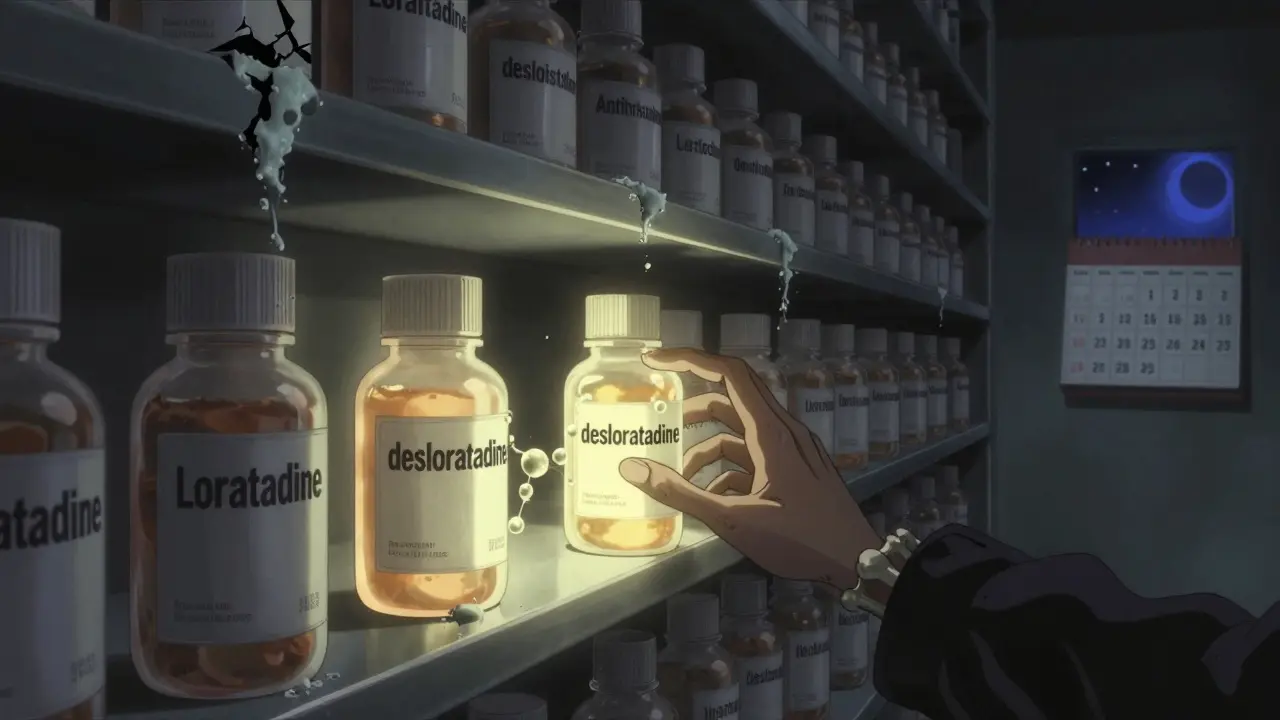 Une étagère de pharmacie infinie où les médicaments se distinguent par leur lumière et leur état, certains brisés, d'autres brillants et paisibles.