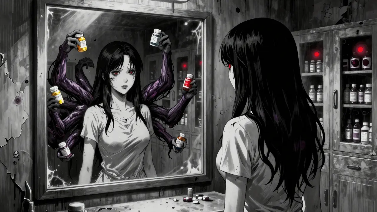 Une femme voit son reflet transformé en une entité monstrueuse faite de médicaments, les murs derrière elle regorgent d'yeux rouges.