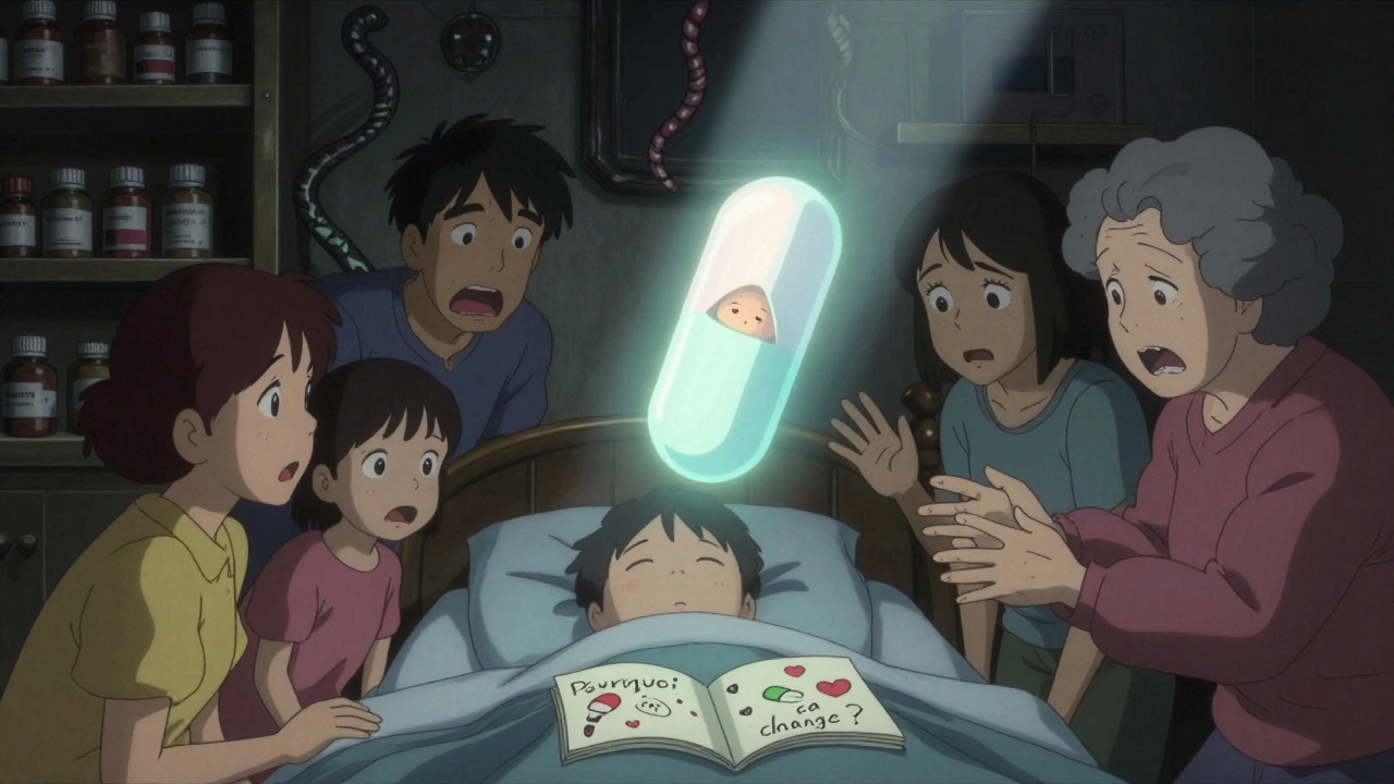 Une pilule flottante révèle un visage apaisant au-dessus d&#039;un enfant malade, tandis que des flacons se tordent en arrière-plan.