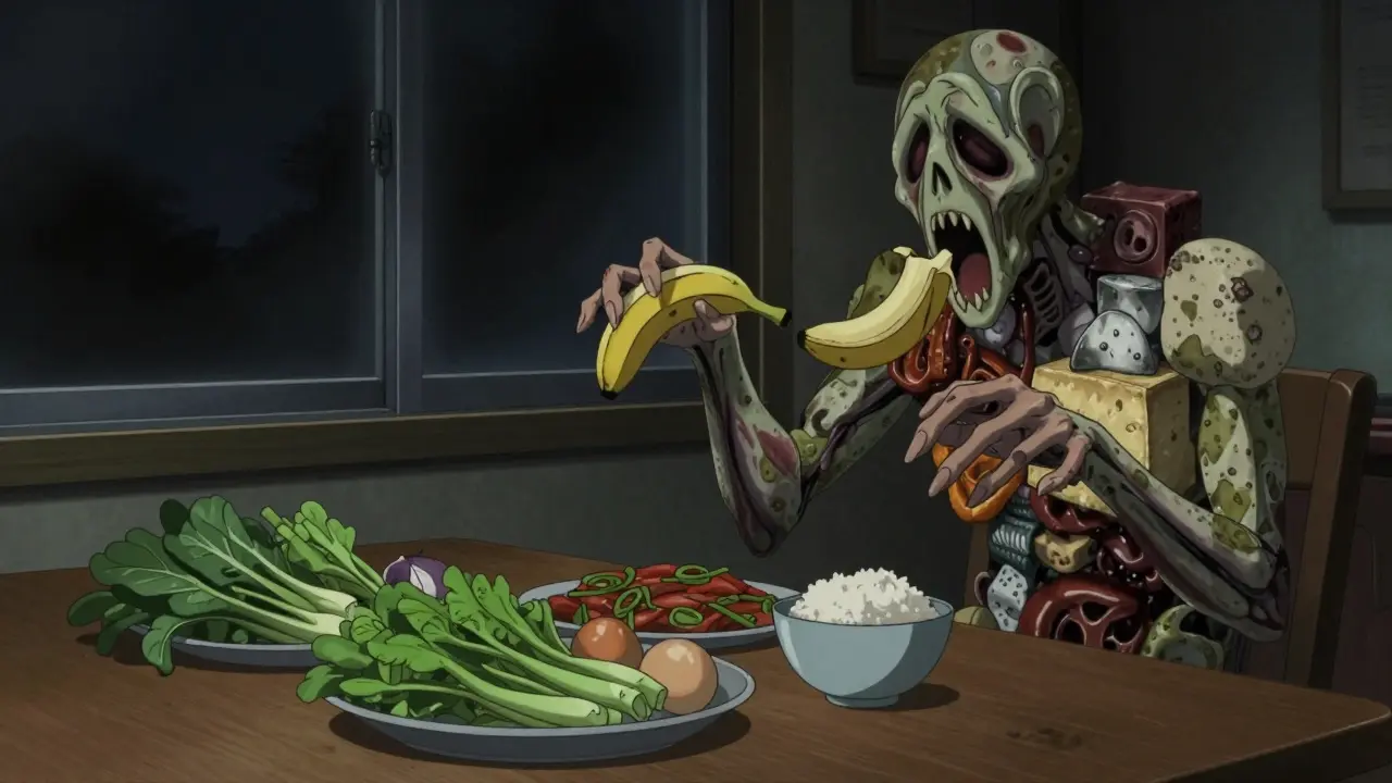 Une table de dîner simple avec une créature géante de nourriture fermentée qui se déplace dans l'ombre derrière.