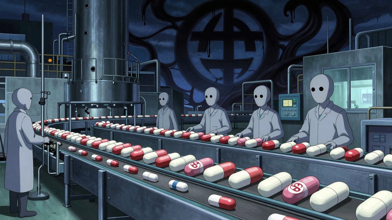 Une usine pharmaceutique où des pilules identiques se divisent en versions marquées et sans marque, sous une ombre géante.