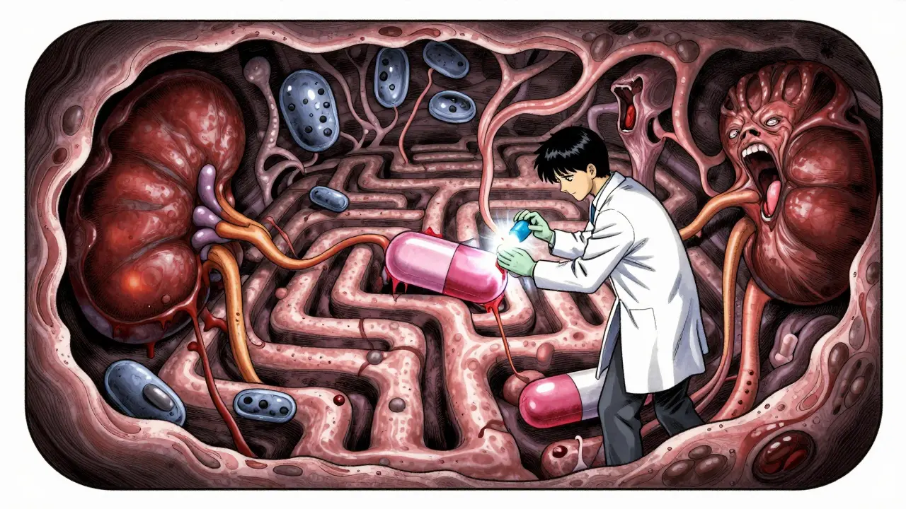 Biopsie rénale transformée en intestin monstrueux où des anticorps IgA naissent, un médecin tente de les bloquer avec une capsule Nefecon.