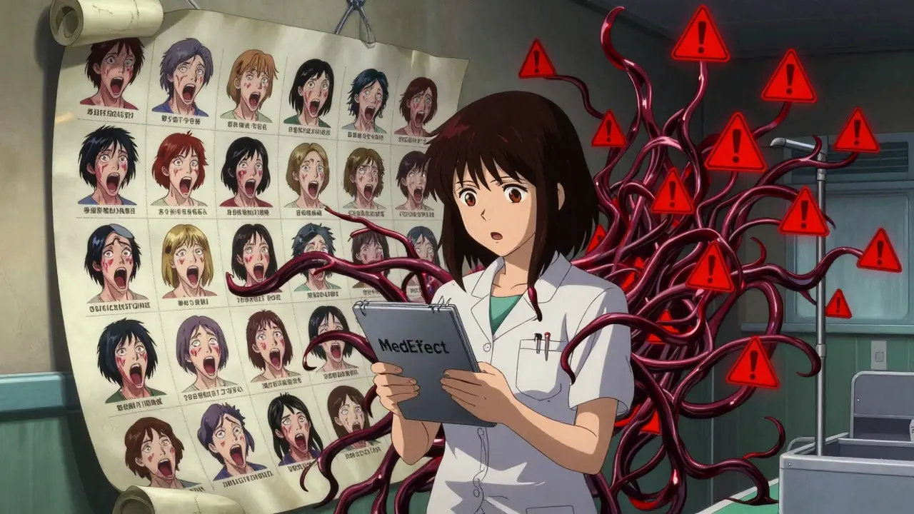 Charte médicale vivante avec visages hurlants, femme tenant un appareil MedEffect, codes AI enlacés, style Junji Ito.
