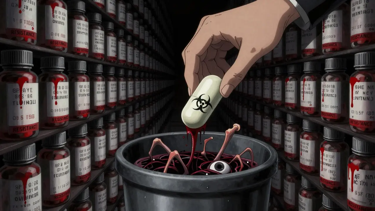 Comprimé d'antibiotique qui se transforme en créature vivante, placé dans une poubelle biohazard, derrière lui une mer de bouteilles périmées.