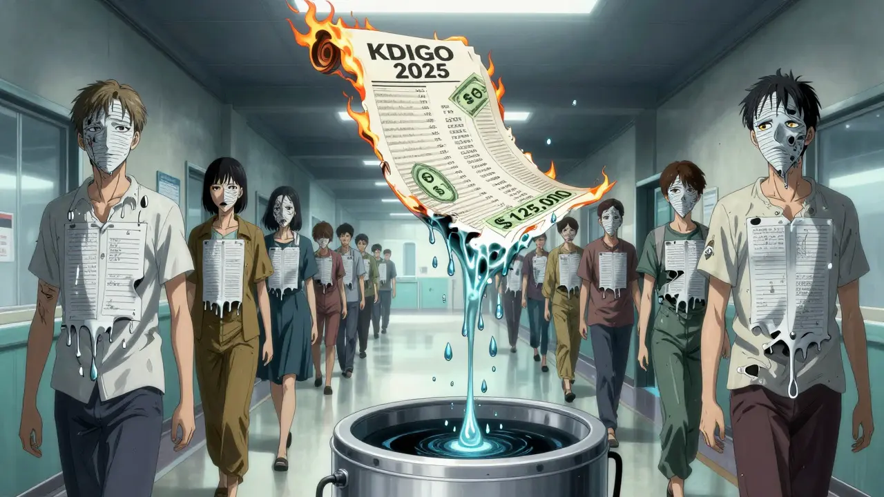 Corridor d'hôpital infini où les patients fondent en gouttes de protéines, un document KDIGO brûle au-dessus, entouré de symboles monétaires.