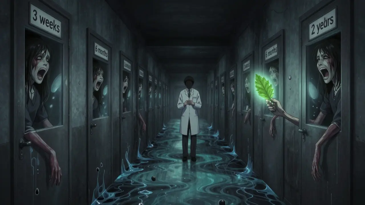 Couloir infini avec des portes marquées par la durée d'utilisation, le sol liquide de molécules médicamenteuses, une seule lumière de thérapie au fond.