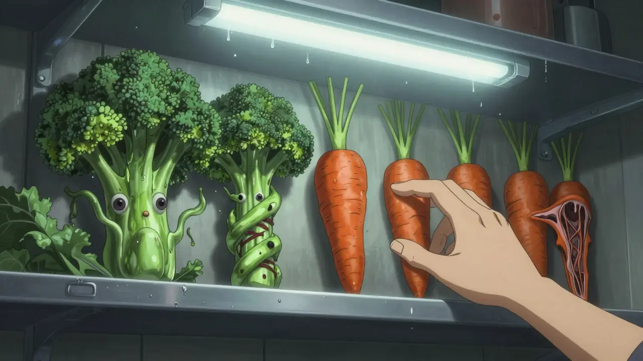 Des légumes se transforment en entités horrifiques sur une étagère, une carotte reste intacte, symbole de sécurité.