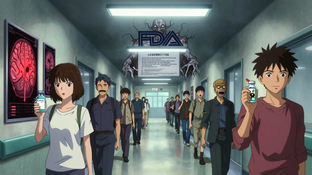 Des patients marchent dans un couloir d'hôpital, leurs médicaments dégagent des lésions cérébrales visibles sur les murs.