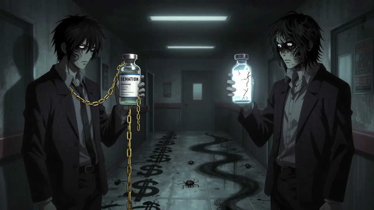 Deux figures dans un couloir hospitalier : l'une tenant un médicament coûteux, l'autre un biosimilaire lumineux, dans un décor de signes dollars vivants.