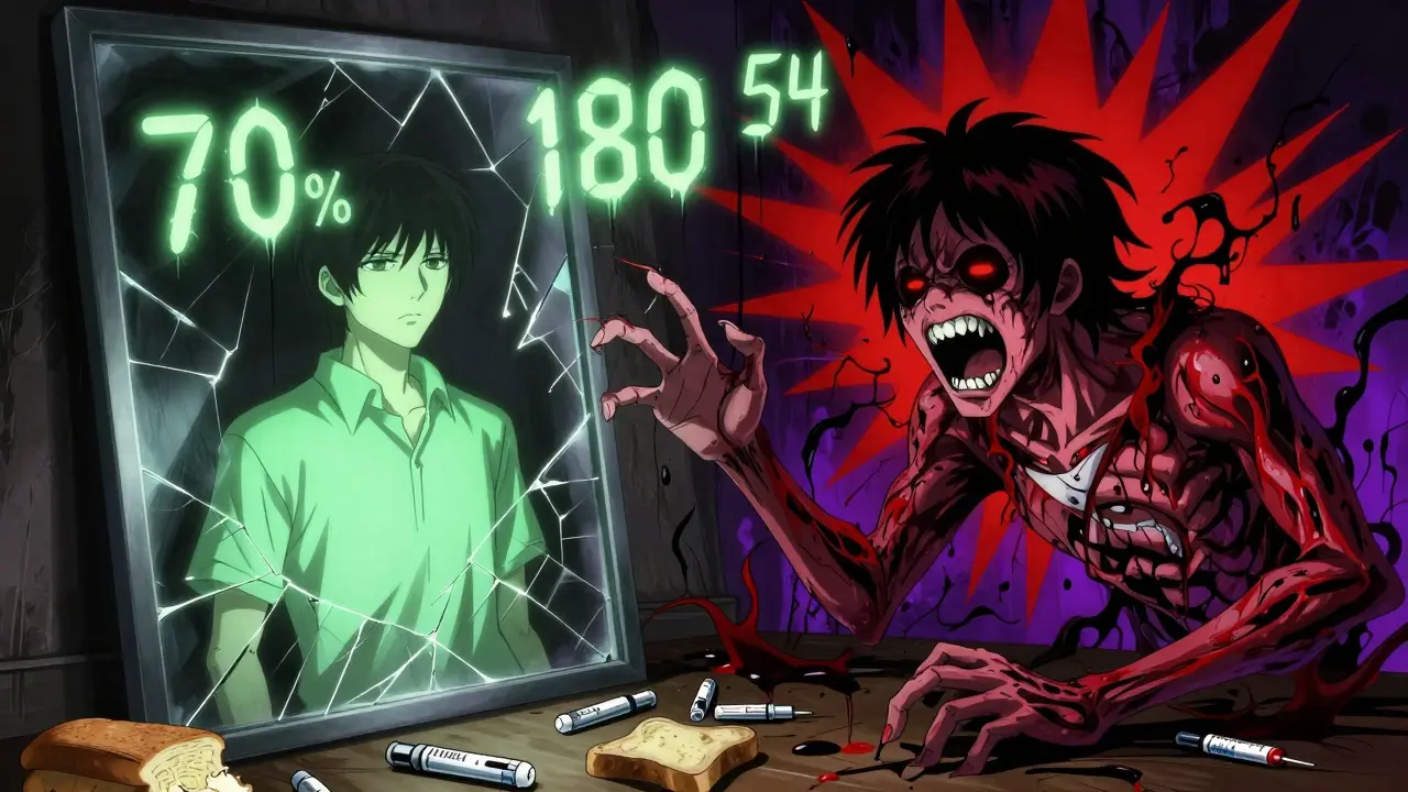 Deux reflets d'une personne : l'un paisible avec une lueur verte, l'autre tourmenté par des pics rouges et violents, entouré de chiffres maudits.