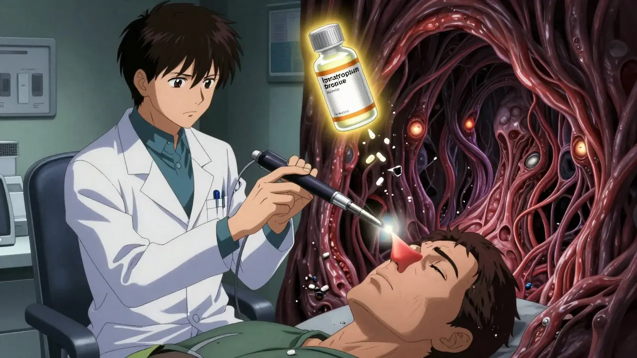 Endoscopie nasale révélant des nerfs déformés et des récepteurs TRPV1 clignotants, avec un spray thérapeutique en lumière dorée.