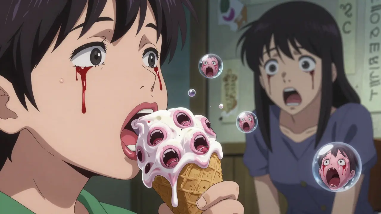 Enfant aux lèvres gonflées en forme de ballons sinueux, après avoir mangé une glace, larmes de sang.