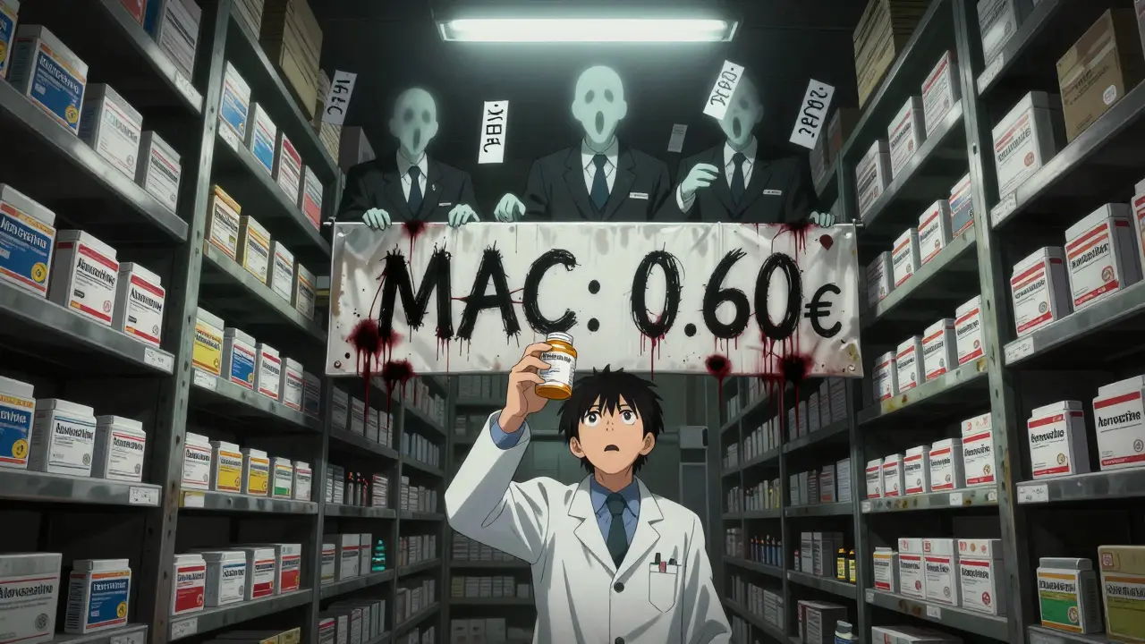 Entrepôt de médicaments où des figures fantomatiques contrôlent les prix, et une pharmacienne cherche désespérément un comprimé manquant.
