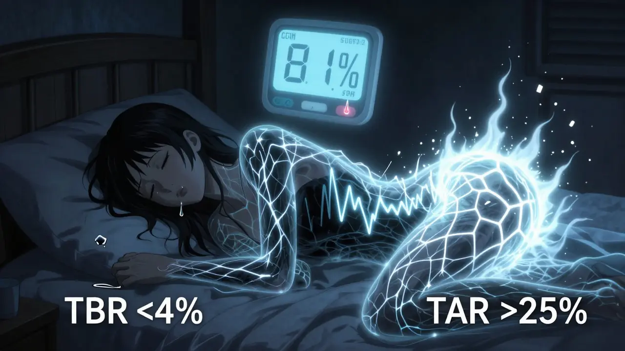 Femme endormie dont les veines révèlent des vagues de sucre sanguin erratiques, avec un écran CGM flottant affichant '81%' dans une chambre sombre.