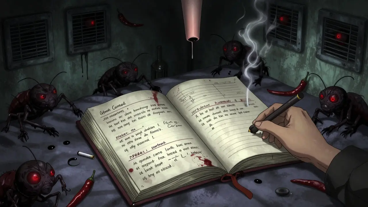 Journal médical ouvert sur un lit, des ombres de irritants chimiques rampent sur les murs dans une chambre sombre.