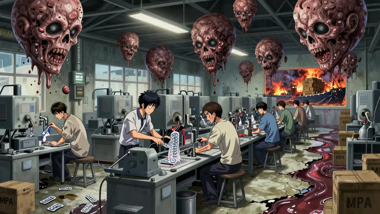 Ligne de production figée avec des travailleurs aux yeux vides et des matières premières géantes qui se désintègrent en poussière.