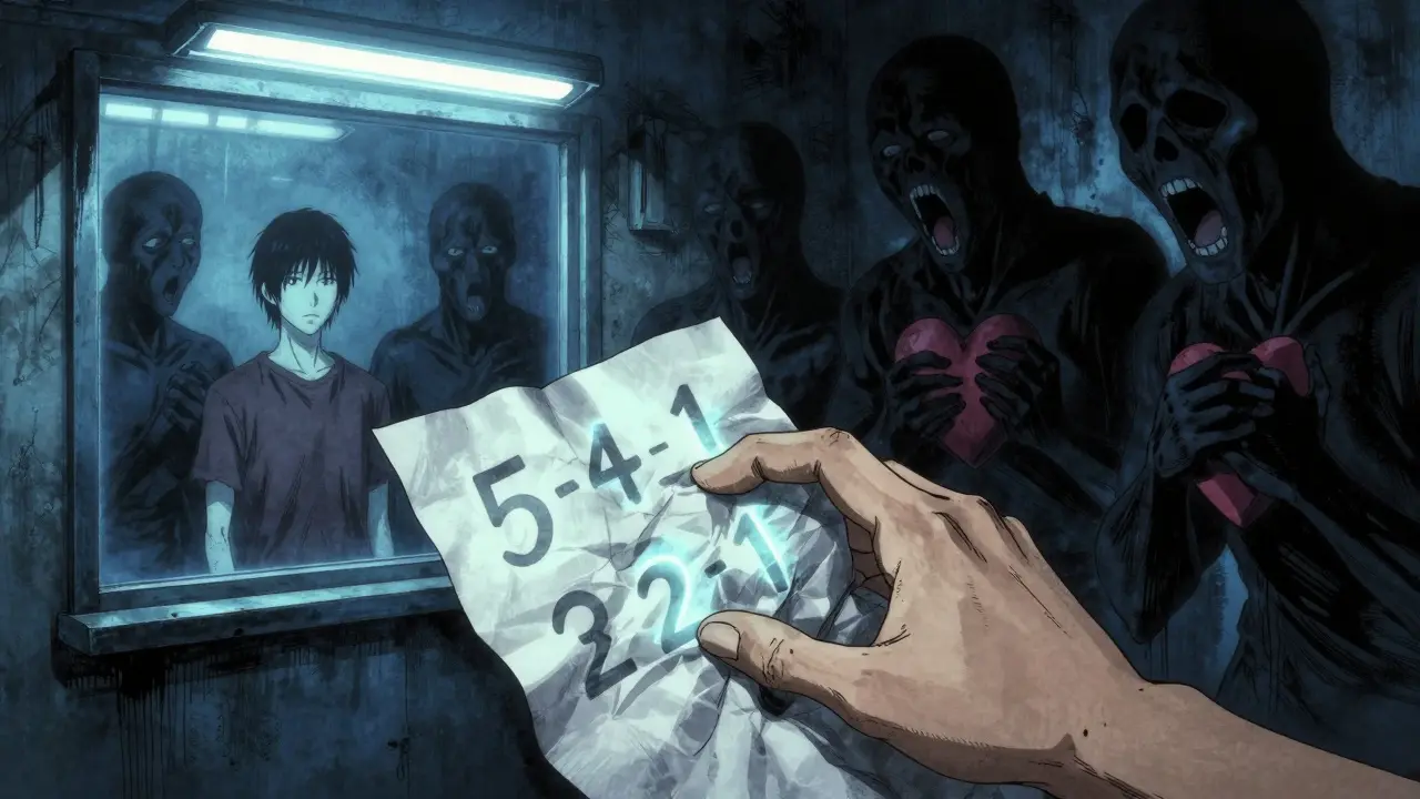 Main traçant la technique 5-4-3-2-1 sur un papier, des ombres menaçantes l'entourent.