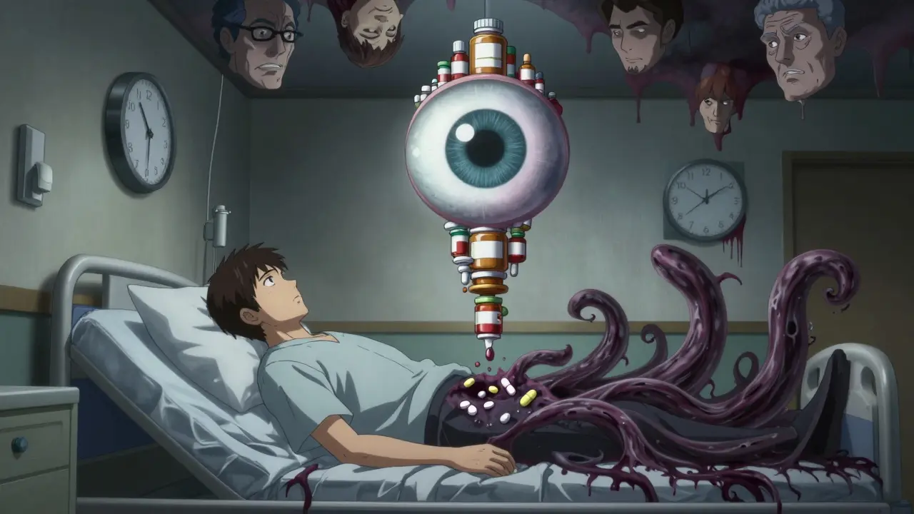 Patient dont le corps est envahi par des tentacules en forme de pilules manquantes, sous un œil géant fait de bouteilles de médicaments.
