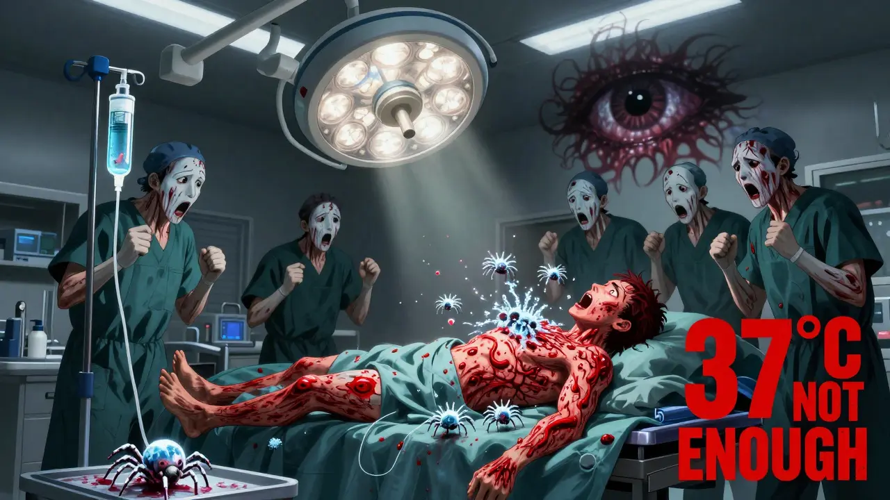 Patient en salle d'opération avec des hives qui envahissent tout le corps, gouttes d'IV froides transformées en araignées de glace.