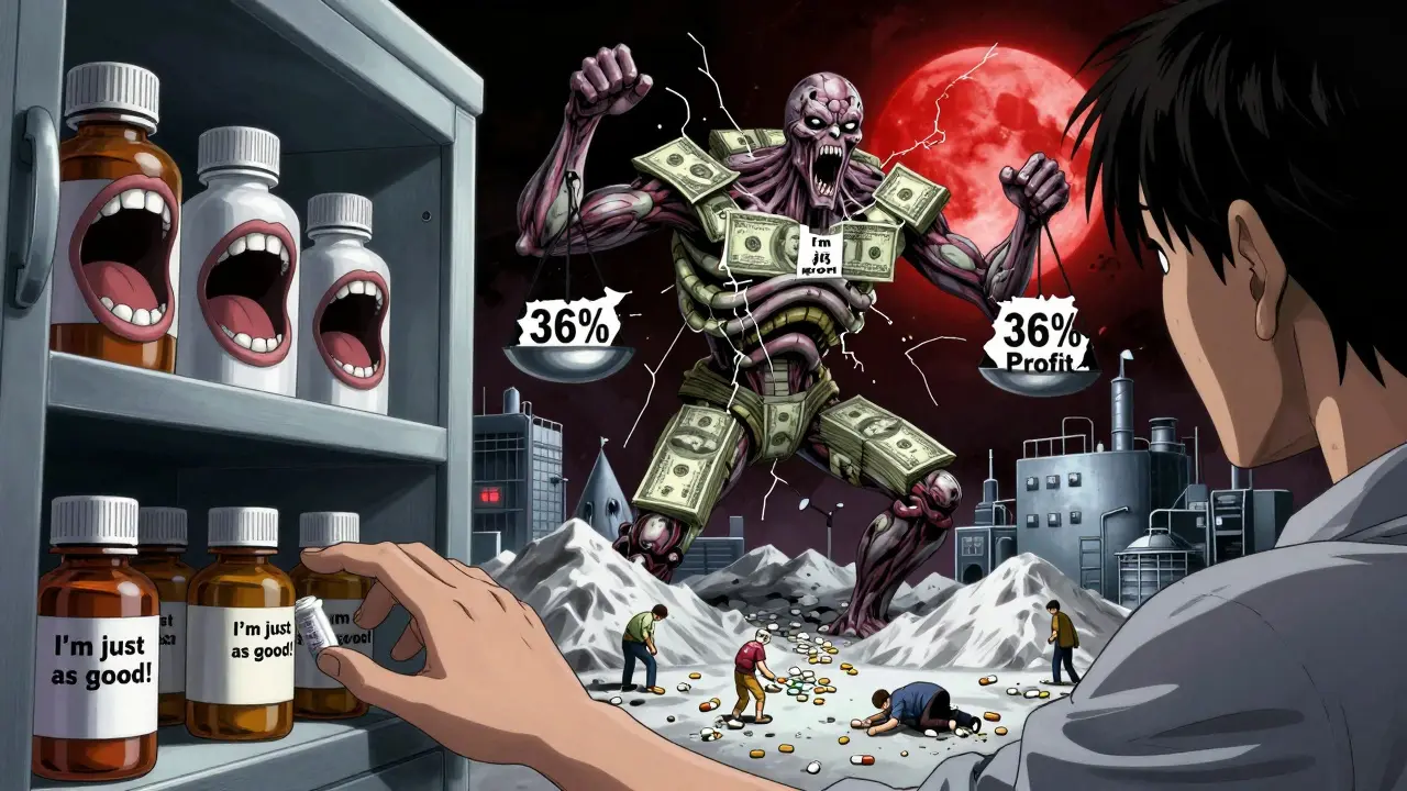 Patient ouvrant un placard où les médicaments ont des bouches qui murmurent, tandis qu'une entité géante absorbe les profits.