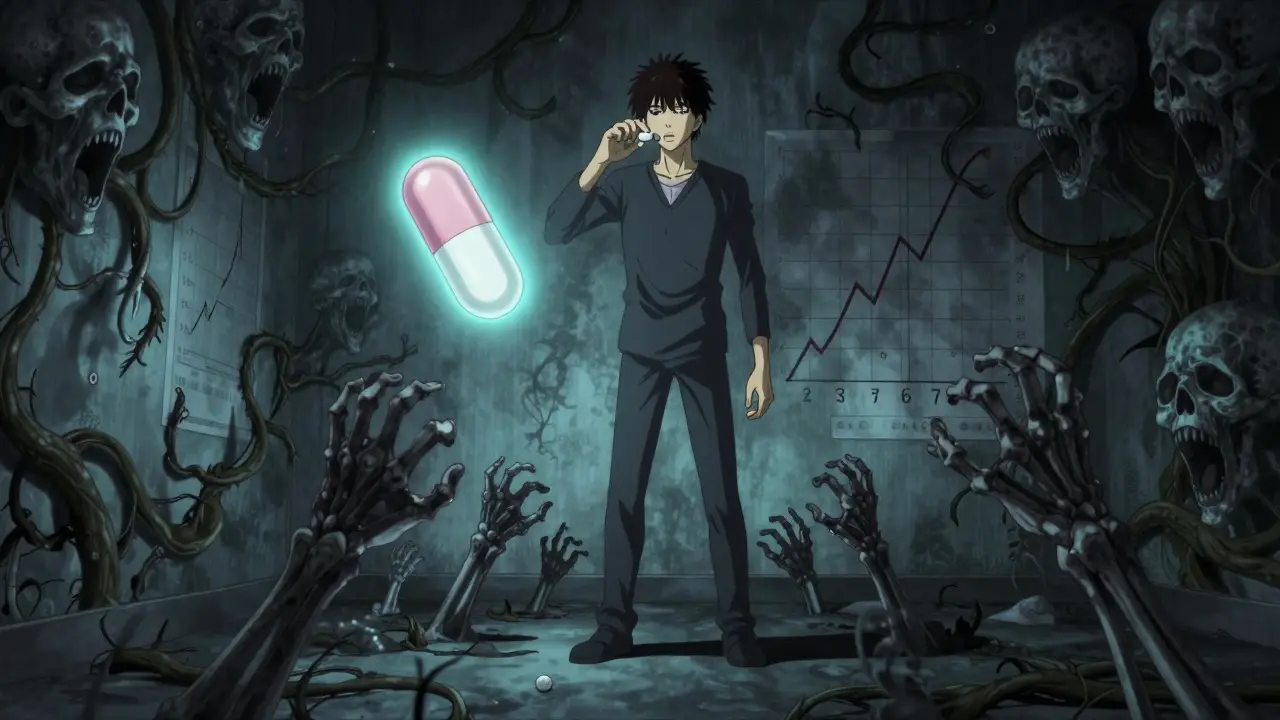 Patient prenant un comprimé de bisphosphonate, entouré de mains squelettiques et d'une capsule lumineuse.