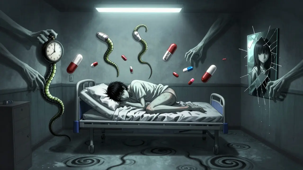 Personne allongée sur un lit d'hôpital, entourée de pilules qui se transforment en serpents et d'ombres qui l'attirent.