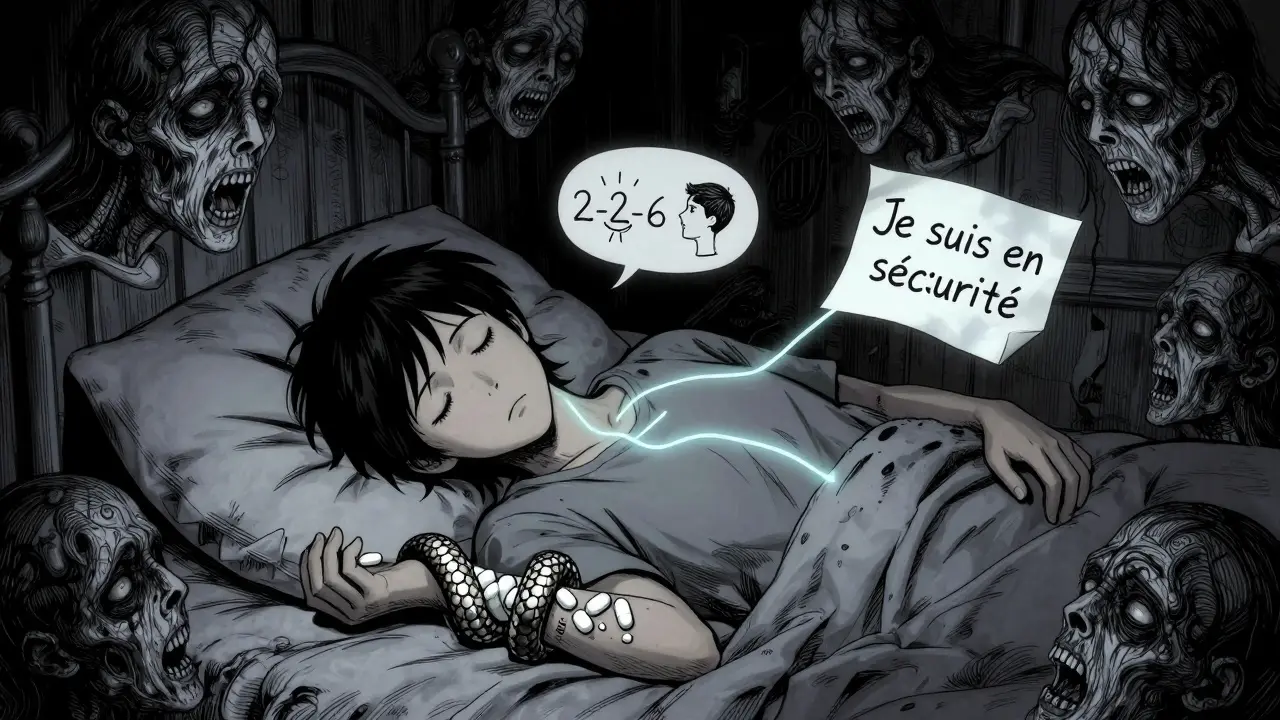 Personne au lit avec une pilule serpentine autour du poignet, reliée à des filaments de calme.