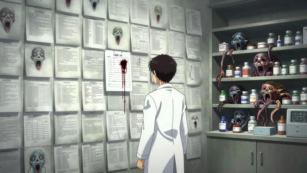 Pharmacien face à un mur de documents hurlants, un formulaire CBE-30 qui saigne, des médicaments en train de se transformer en créatures.