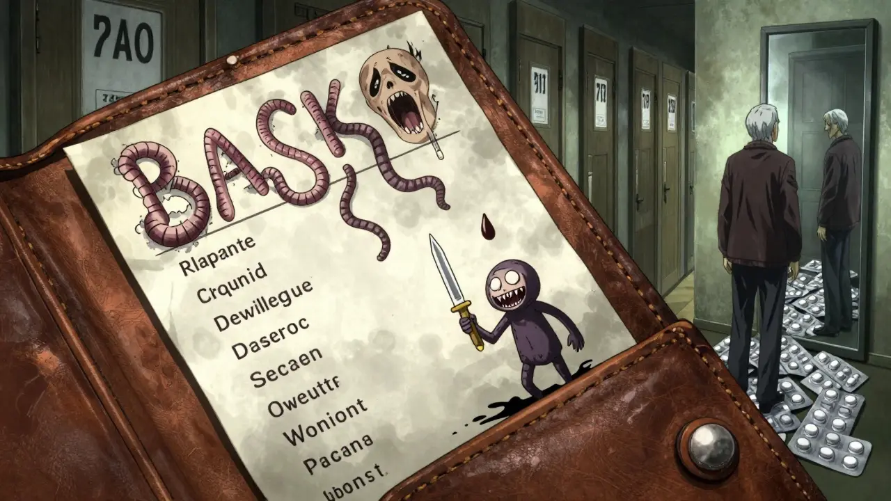 Portefeuille ouvert révélant une liste de médicaments vivante et horrifique, style manga d'horreur.