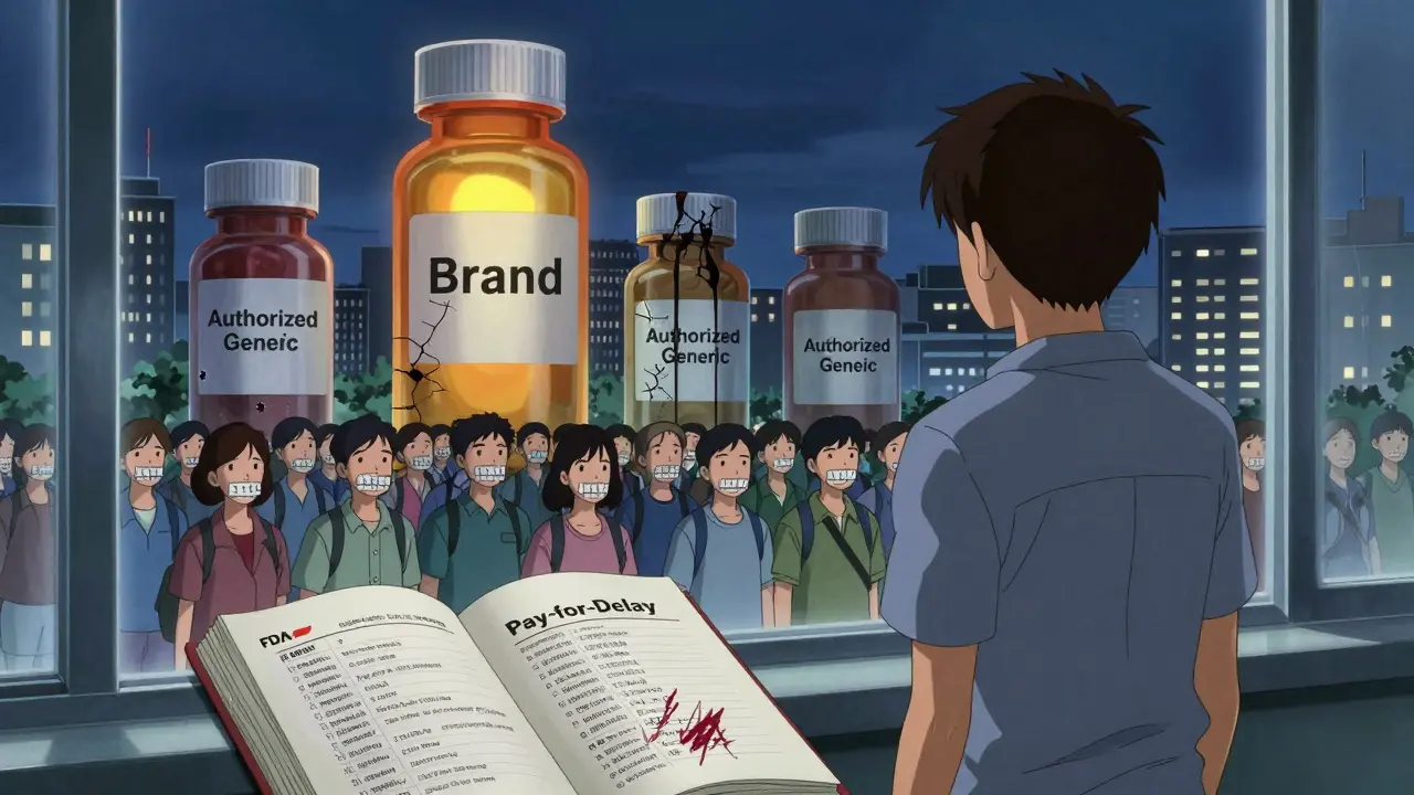 Silhouette regardant une ville de flacons de médicaments, certains fuient une substance noire, sous un ciel oppressant.