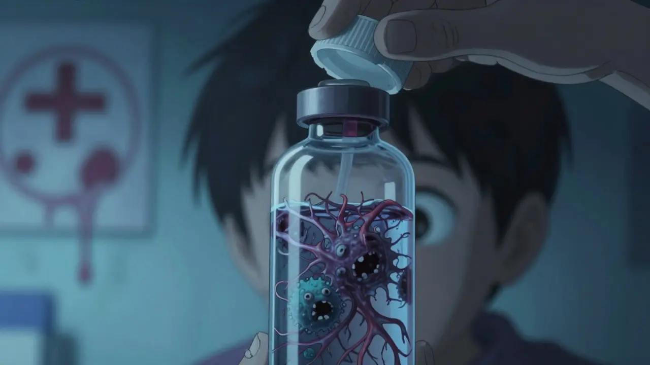 Suspension liquide d'amoxicilline avec des formes bactériennes hurlantes à l'intérieur, éclairée par une lumière froide.