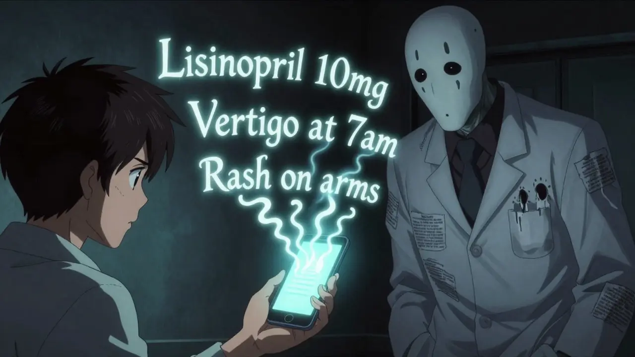 Téléphone projette des mots flottants en forme de serpents, médecin fantomatique observant dans l'ombre, style Junji Ito.