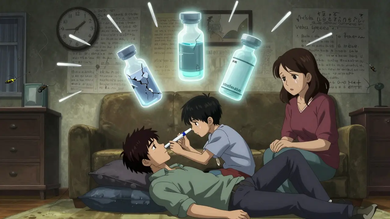 Un adolescent administre la naloxone à son père, trois flacons flottants symbolisant le temps qui s'écoule, lignes de texte horrifiques sur les murs.